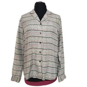 Lee David Silk Geometric Print Gray Pink and Blue Floral Print Long Sleeve Top